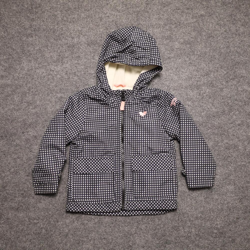 OshKosh B'gosh Jacket Toddler Girls 2T Blue Gingham Hooded Fleece Lined Raincoat